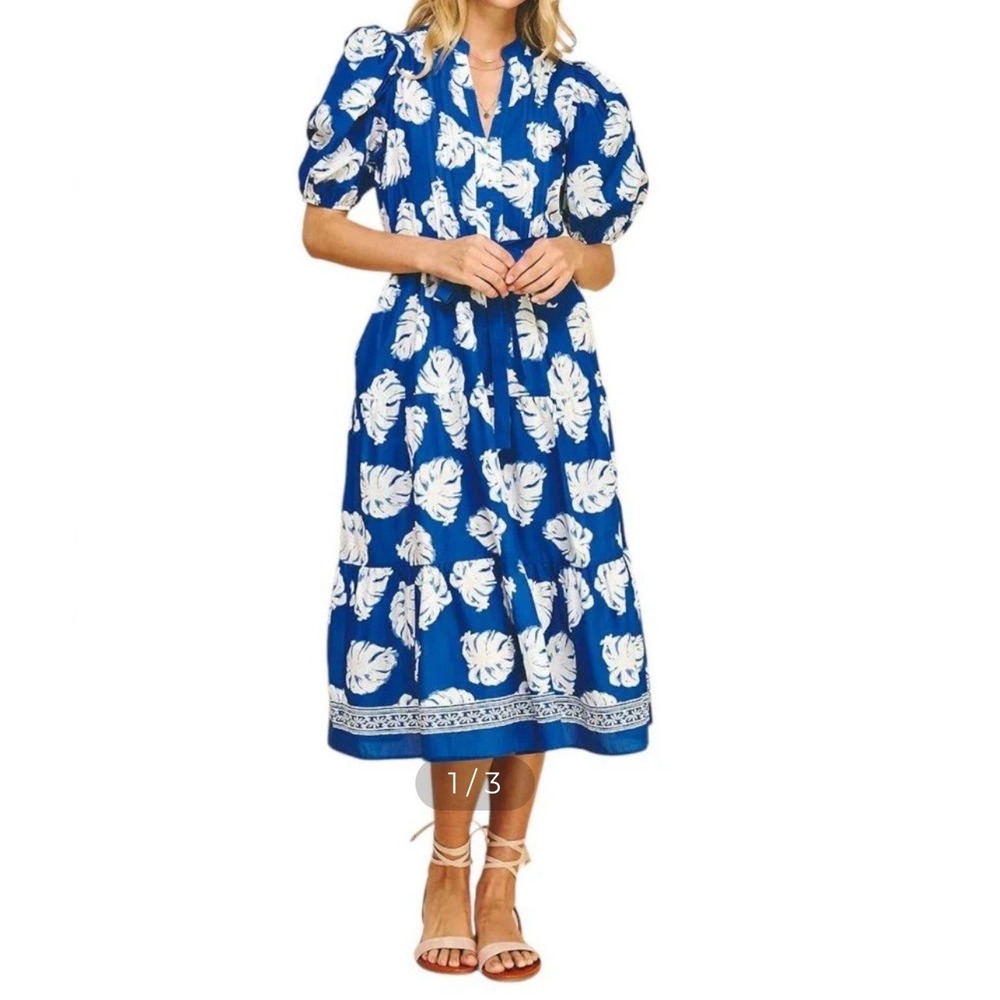 Pinch Tiered Midi Dress Women's L Blue Floral Cottage Core Puff Sleeve Summer